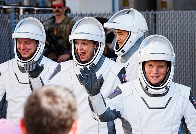 The astronauts of NASA and SpaceX's joint Crew 10 mission, (from left) Kirill Peskov, Nichole Ayers, Takuya Onishi and Anne McClain, prepare for launch Wednesday at the Kennedy Space Center before the voyage to the International Space Station was delayed.