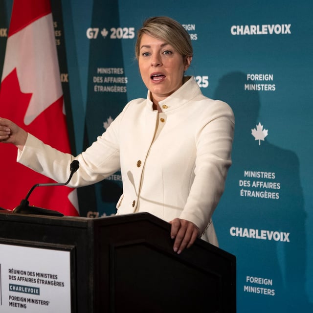 Canadian Foreign Minister Mélanie Joly speaks during the G7 meeting of foreign ministers in La Malbaie, Quebec, on March 14, 2025. (Photo by Sebastien ST-JEAN / AFP) (Photo by SEBASTIEN ST-JEAN/AFP via Getty Images)