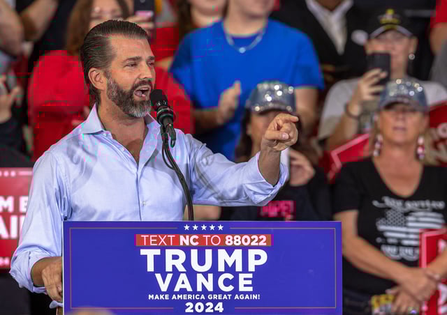 Donald Trump, Jr., son of President Donald Trump, speaks at a campaign rally in Sanford, North Carolina, on November 3, 2024.