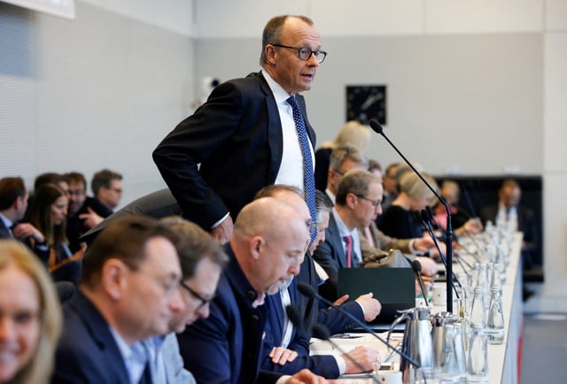 German Chancellor-in-waiting Friedrich Merz speaks to the media after he reached an agreement with the Greens on a massive increase in state borrowing just days ahead of a parliamentary vote next week, in Berlin, Germany, March 14, 2025. REUTERS/Axel Schmidt
