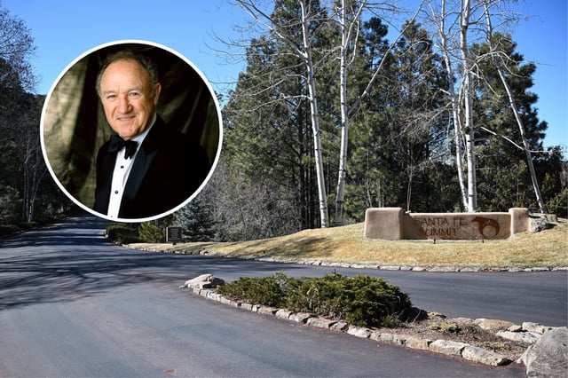 A general view of the entrance to the Santa Fe Summit neighborhood in Santa Fe, New Mexico, where late actor Gene Hackman and wife Betsy Arakawa lived. The photograph was taken on February 28, 2025. In the inset image, Hackman poses for a portrait circa 1996 in Los Angeles, California.