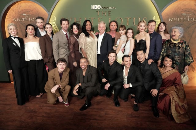 (L-R) Carrie Coon, Morgana O&#39;Reilly, Charlotte Le Bon, David Bernad, Sam Nivola, Patrick Schwarzenegger, Parker Posey, Nicholas Duvernay, Natasha Rothwell, Mike White, Arnas Fedaravičius, Walton Goggins, Julian Kostov, Lisa, Sarah Catherine Hook, Tayme Thapthimthong, Leslie Bibb, Jason Isaacs, Shalini Peiris, Aimee Lou Wood and Lek Patravadi attend the world premiere of &#34;The White Lotus&#34; Season 3 at Paramount Studios on February 10, 2025 in Los Angeles, California.