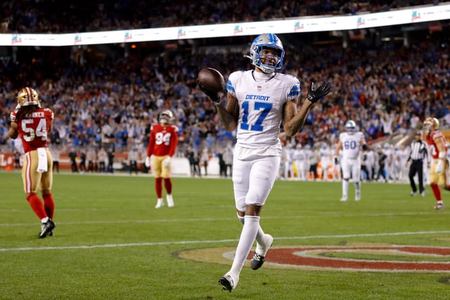Dec 30, 2024; Santa Clara, California, USA; Detroit Lions wide receiver Tim Patrick (17) celebrates after a play during the third quarter against the San Francisco 49ers at Levi's Stadium. Mandatory Credit: Sergio Estrada-Imagn Images/File Photo