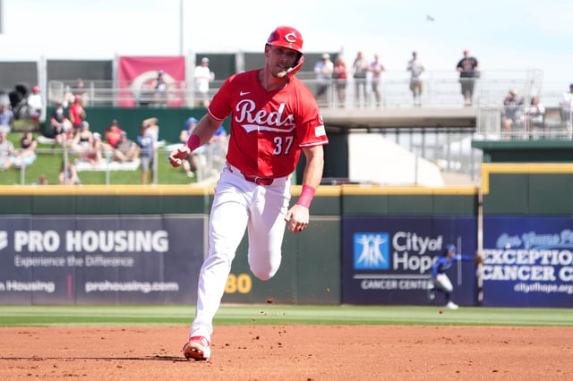 Feb 24, 2025; Goodyear, Arizona, USA; Cincinnati Reds catcher Tyler Stephenson (37) runs the bases against the Los Angeles Dodgers during the first inning at Goodyear Ballpark. Mandatory Credit: Joe Camporeale-Imagn Images/File Photo