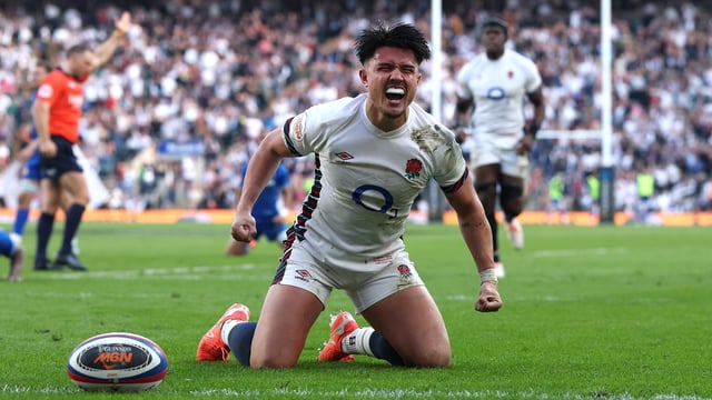 Marcus Smith reacts after scoring a try against Italy. England fans can watch all of their Six Nations games on ITV when the new rights deal begins next season