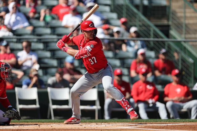 TEMPE, ARIZONA - FEBRUARY 26: Tyler Stephenson #37 of the Cincinnati Reds bats in the first inning against the Los Angeles Angels during a spring training game at Tempe Diablo Stadium on February 26, 2025 in Tempe, Arizona.
