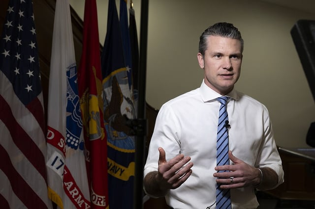 Secretary of Defense Pete Hegseth delivers recorded remarks for the three service members supporting the upcoming International Space Station astronaut rescue mission from the Pentagon, Washington, D.C., March 12, 2025. (DoD photo by U.S. Navy Petty Officer 1st Class Alexander Kubitza)