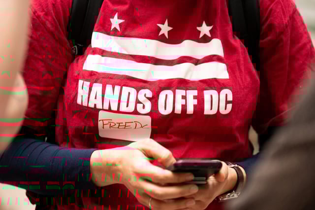 A protester supporting the Free DC campaign stands in the Hart Senate Office Building on Friday.