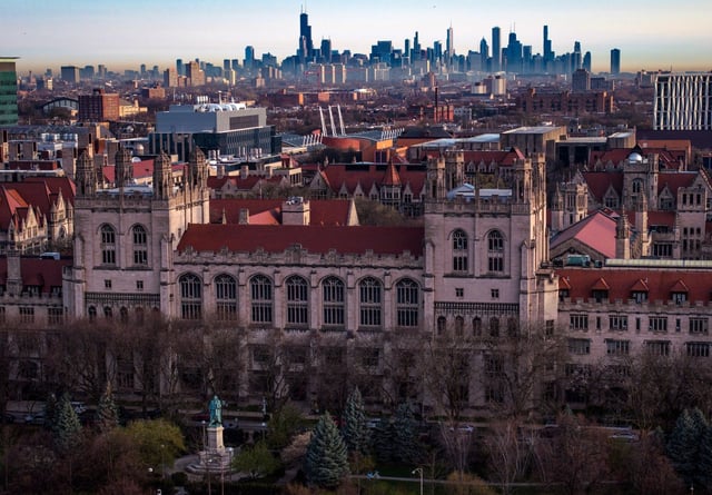 An aerial view shows the University of Chicago campus in the Hyde Park neighborhood of Chicago on April 10, 2024. (E. Jason Wambsgans/Chicago Tribune)