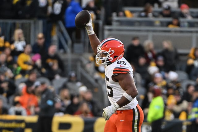 Dec 8, 2024; Pittsburgh, Pennsylvania, USA; Cleveland Browns defensive end Myles Garrett (95) celebrates a fumble recovery against the Pittsburgh Steelers during the fourth quarter at Acrisure Stadium. Mandatory Credit: Barry Reeger-Imagn Images/File Photo