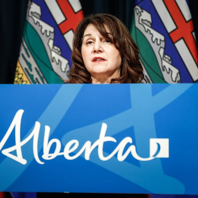 Alberta Health Minister Adriana LaGrange addresses a news conference  in Calgary, Wednesday, Feb. 19, 2025.THE CANADIAN PRESS/Jeff McIntosh