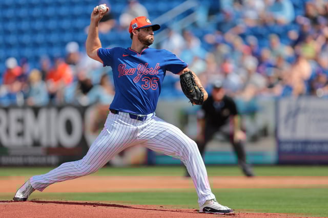 Feb 27, 2025; Port St. Lucie, Florida, USA; New York Mets starting pitcher Clay Holmes (35) delivers a pitch against the Houston Astros during the first inning at Clover Park. Mandatory Credit: Sam Navarro-Imagn Images/File Photo