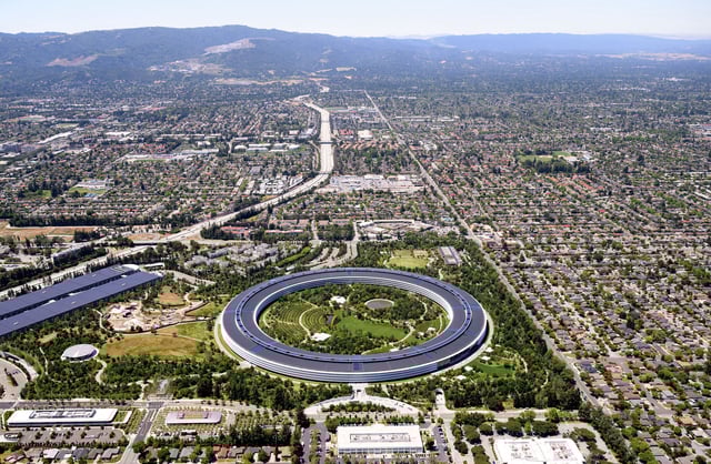 Apple Park, the tech company’s gigantic headquarters, is visible in an aerial view over Cupertino, Calif., on May 16, 2024. 