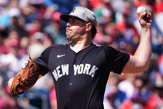 Feb 27, 2025; Clearwater, Florida, USA; New York Yankees pitcher Carlos Rodon (55) throws a pitch against the New York Yankees during the first inning at BayCare Ballpark. Mandatory Credit: Dave Nelson-Imagn Images/File Photo