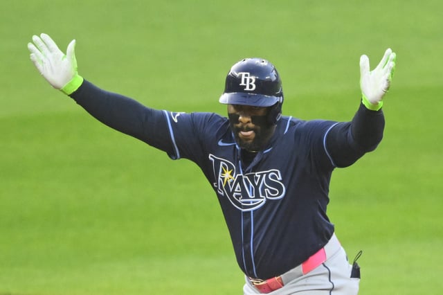 Sep 12, 2024; Cleveland, Ohio, USA; Tampa Bay Rays first baseman Yandy Diaz (2) celebrates his double in the first inning against the Cleveland Guardians at Progressive Field. Mandatory Credit: David Richard-Imagn Images/File Photo