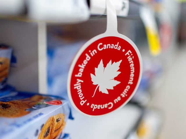 Grocery stores in Canada have been highlighting locally made products with tags and flyers in response to rising sentiments against US products.