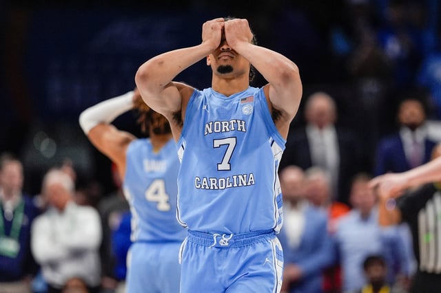 North Carolina Tar Heels guard Seth Trimble (7) reacts to a missed opportunity later during the second half against the Duke Blue Devils at Spectrum Center.