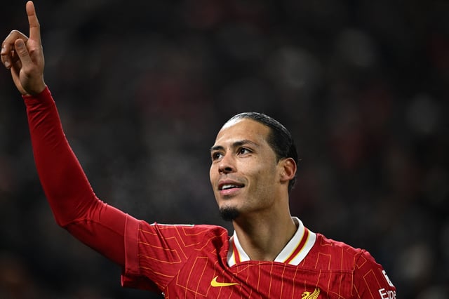Soccer Football - Carabao Cup - Semi Final - Second Leg - Liverpool v Tottenham Hotspur - Anfield, Liverpool, Britain - February 6, 2025 Liverpool's Virgil van Dijk celebrates scoring their fourth goal REUTERS/Dylan Martinez/File Photo