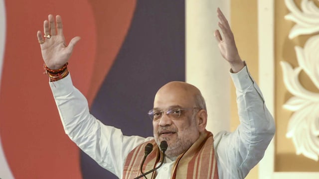 Home Minister Amit Shah addresses a gathering during the inauguration of Lachit Barphukan Police Academy, in Assam's Golaghat, Saturday.
