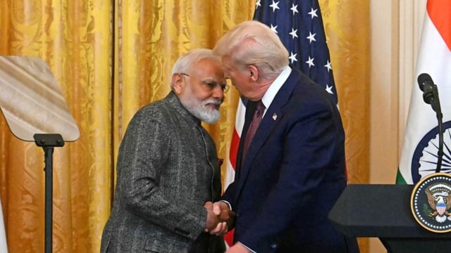 US President Donald Trump shakes hands with Prime Minister Narendra Modi during a joint press conference in the East Room of the White House in Washington DC. 