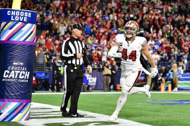 SEATTLE, WASHINGTON - OCTOBER 10: Kyle Juszczyk #44 of the San Francisco 49ers celebrates after scoring a touchdown during the fourth quarter against the Seattle Seahawks at Lumen Field on October 10, 2024 in Seattle, Washington.