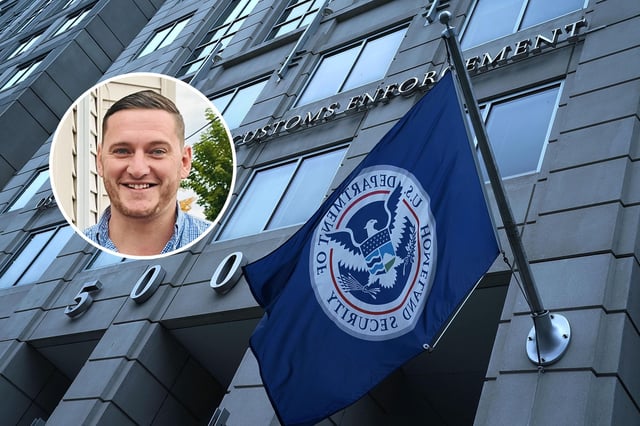 Inset, a photo of Fabian Schmidt, a U.S. Green Card holder detained by Immigration and Customs Enforcement (ICE) last week. Main image, an exterior view of ICE headquarters is seen on July 6, 2018 in Washington, D.C.