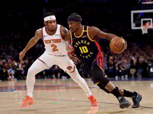 Jimmy Butler (right) and the Warriors are favored at home thanks to their 13-1 with Butler in the lineup since he was acquired in February.