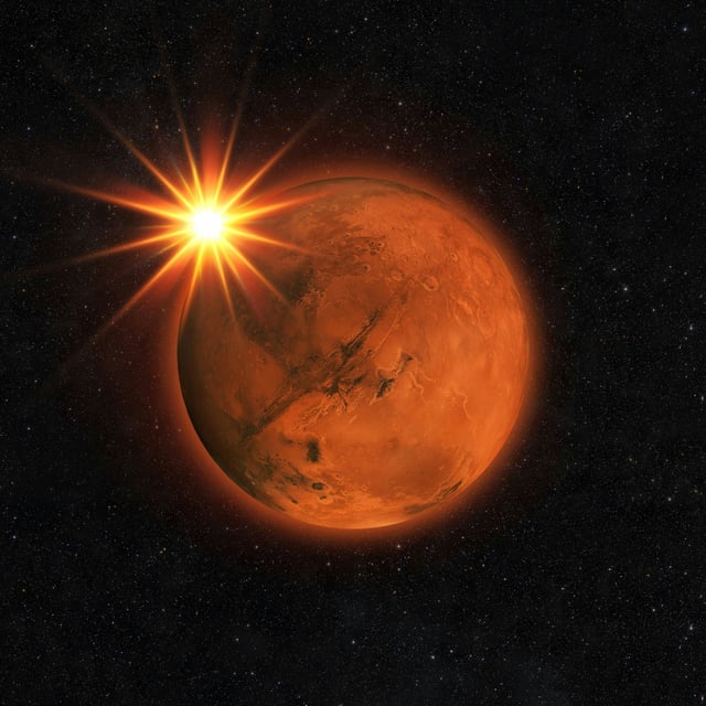 Der Mars mit Sonnenstrahlen am Sternenhimmel: In wenigen Jahren soll – so der Traum von Elon Musk – ein Mensch auf dem Planeten landen.