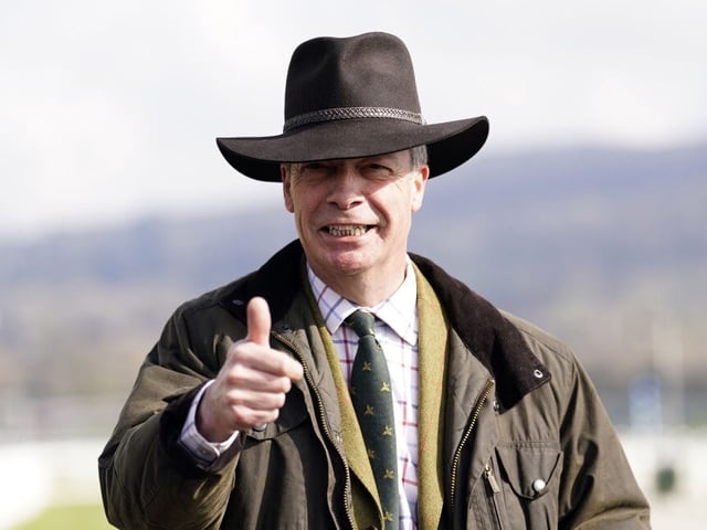 Nigel Farage on day four of the 2025 Cheltenham Festival at Cheltenham Racecourse. Picture date: Friday March 14, 2025. (Photo by Andrew Matthews/PA Images via Getty Images)