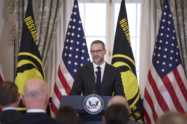 U.S. presidential envoy for hostage affairs Adam Boehler speaks during a ceremony to raise the Hostage and Wrongful Detainee flag at the State Department, Thursday, March 6, 2025, in Washington. (AP Photo/Evan Vucci)