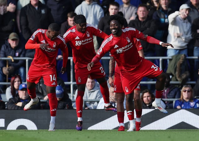 Soccer Football - Premier League - Ipswich Town v Nottingham Forest - Portman Road, Ipswich, Britain - March 15, 2025 Nottingham Forest's Anthony Elanga celebrates scoring their second goal with Callum Hudson-Odoi and Ola Aina REUTERS/Chris Radburn