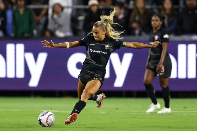 Angel City FC defender Sarah Gorden recovers the ball during the first half against the Portland Thorns on Sept. 23, 2024, at BMO Stadium. (Photo by Raul Romero Jr., Contributing Photographer)