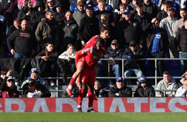 Soccer Football - Premier League - Ipswich Town v Nottingham Forest - Portman Road, Ipswich, Britain - March 15, 2025 Nottingham Forest's Anthony Elanga celebrates scoring their third goal with Nicolas Dominguez REUTERS/Chris Radburn