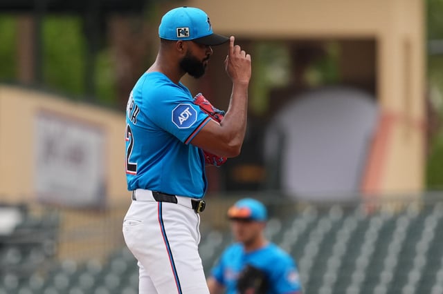 JUPITER, FLORIDA - MARCH 10: Sandy Alcantara #22 of the Miami Marlins in the spring training game against the Washington Nationals at Roger Dean Stadium on March 10, 2025 in Jupiter, Florida.