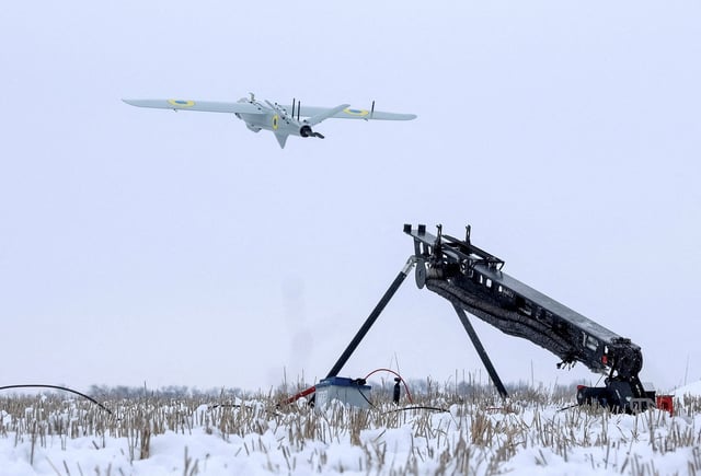 A Ukrainian made RAM ІІ precision-guided loitering munition (UAV) takes off, amid Russia's attack on Ukraine, in Kharkiv region, Ukraine February 15, 2025. REUTERS/Anatolii Stepanov     TPX IMAGES OF THE DAY/File Photo