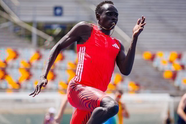 Australia's Gout Gout competes in the men's 200m heats during the Queensland State Championships in Brisbane on March 16, 2025. (Photo by Patrick HAMILTON / AFP) / -- IMAGE RESTRICTED TO EDITORIAL USE - STRICTLY NO COMMERCIAL USE -- (Photo by PATRICK HAMILTON/AFP /AFP via Getty Images)          