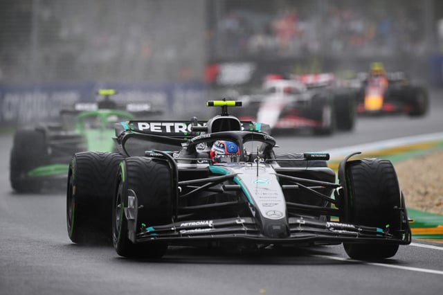 Andrea Kimi Antonelli of Italy driving the (12) Mercedes AMG Petronas F1 Team W16 leads Gabriel Bortoleto of Brazil driving the (5) Kick Sauber C45 Ferrari on track during the F1 Grand Prix of Australia at Albert Park Grand Prix Circuit on March 16, 2025 in Melbourne, Australia.