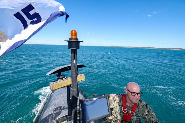 Captain Neil Stein Hagen Submarine Squadron 15 Commodore on the bridge of Virginia-class fast attack submarine USS Minnesota (SSN-783) off the coast of Western Australia, Australia March 16, 2025.   COLIN MURTY/Pool via REUTERS