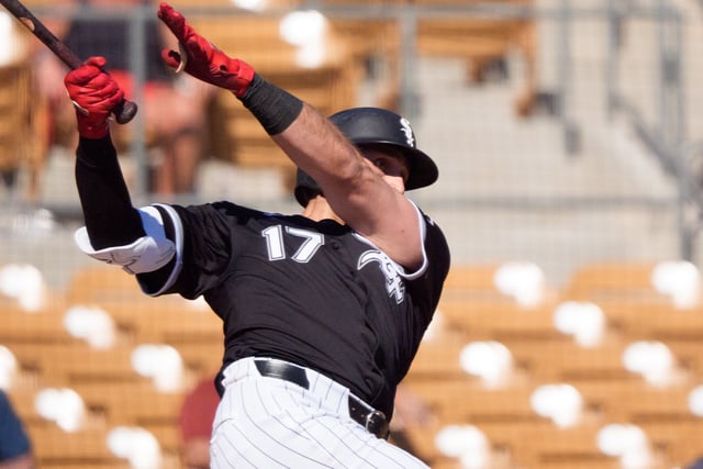 Feb 26, 2025; Phoenix, Arizona, USA; Chicago White Sox designated hitter Joey Gallo (17) reacts during his at bat in the fourth inning during a spring training game against the San Diego Padres at Camelback Ranch. Allan Henry-Imagn Images/File Photo