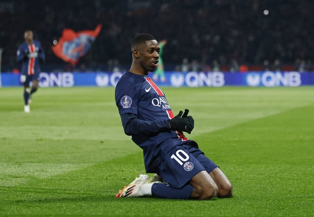 Soccer Football - Ligue 1 - Paris St Germain v Olympique de Marseille - Parc des Princes, Paris, France - March 16, 2025 Paris St Germain's Ousmane Dembele celebrates scoring their first goal REUTERS/Stephanie Lecocq