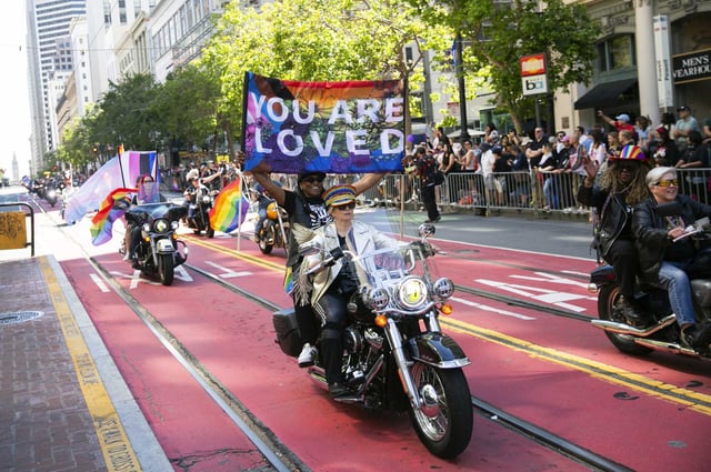 The Dykes on Bikes motorcycle contingent starts the 2024 Pride Parade in San Francisco.
