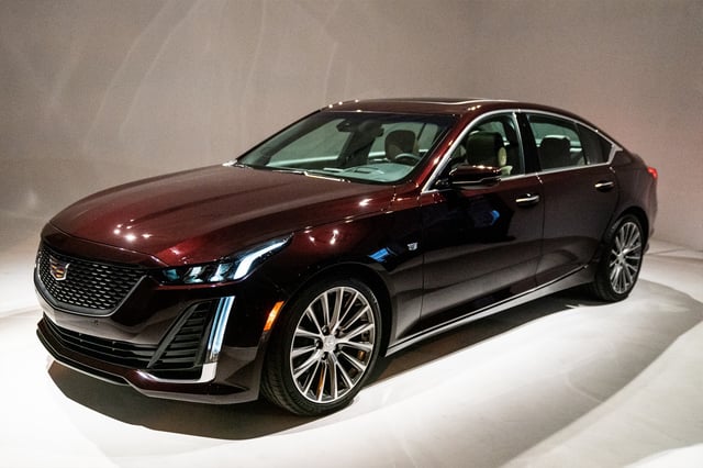 A 2019 General Motors Cadillac CT5 sedan is displayed during an event in New York.