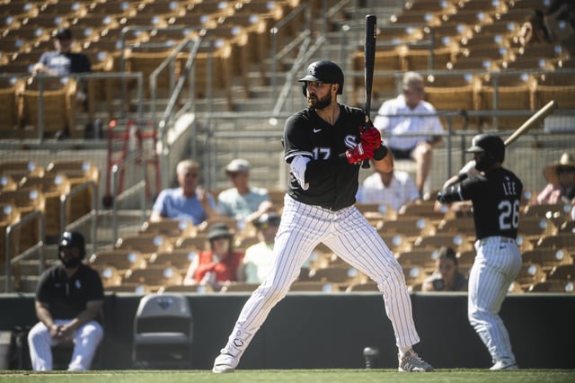 GLENDALE, ARIZONA - FEBRUARY 26: Joey Gallo #17 of the Chicago White Sox stands at-bat during a spring training game against the San Diego Padres at Camelback Ranch on February 26, 2025 in Glendale, Arizona.