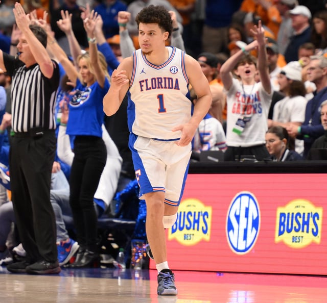 Florida guard Walter Clayton Jr. (1) reacts after a play against Tennessee during the 2025 SEC tournament championship game at Bridgestone Arena.