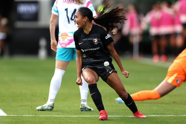 ACFC forward Alyssa Thompson reacts after scoring a goal against the San Diego Wave FC during the second half of an NWSL match at BMO Stadium in Los Angeles, on Sunday, March 16, 2025.  The match ended in 1-1 draw.  (Photo by Raul Romero Jr., Contributing Photographer)