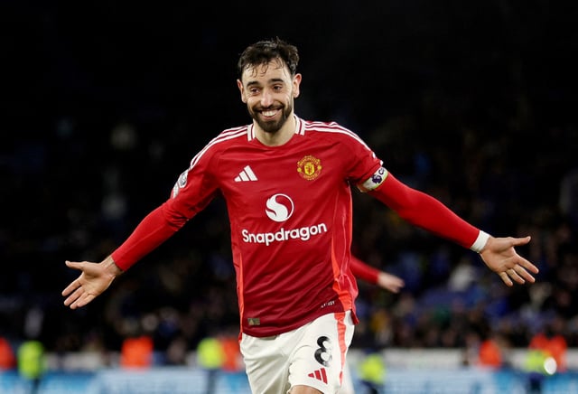 Soccer Football - Premier League - Leicester City v Manchester United - King Power Stadium, Leicester, Britain - March 16, 2025 Manchester United's Bruno Fernandes celebrates scoring their third goal REUTERS/Chris Radburn/File Photo