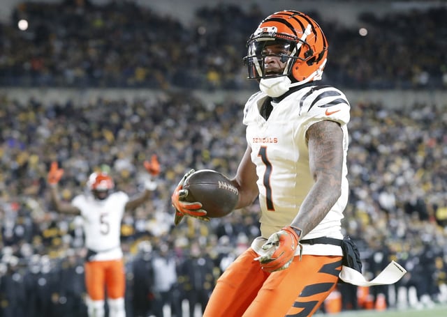 Jan 4, 2025; Pittsburgh, Pennsylvania, USA;  Cincinnati Bengals wide receiver Ja'Marr Chase (1) reacts after catching a touchdown pass against the Pittsburgh Steelers  during the first quarter at Acrisure Stadium. Mandatory Credit: Charles LeClaire-Imagn Images/File Photo