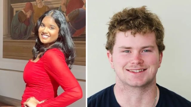 Chilling clip shows Sudiksha Konanki at a bar before disappearance, Joshua Riibe bent over and struggling nearby (@avaaz_official/TikTok, Southeast technical college)