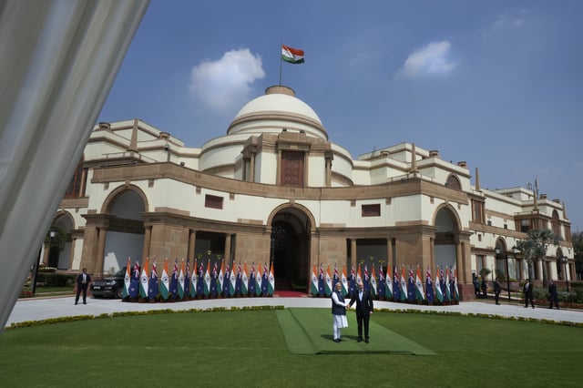 Indian Prime Minister Narendra Modi greets visiting New Zealand Prime Minister Christopher Luxon before their meeting in New Delhi, India, Monday, March 17, 2025. (AP Photo/Manish Swarup)