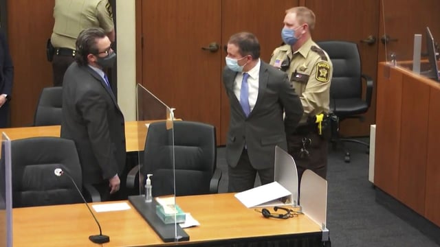 Former Minneapolis police officer Derek Chauvin after a guilty verdict was read at his state trial in 2021. Photo: Court TV via AP